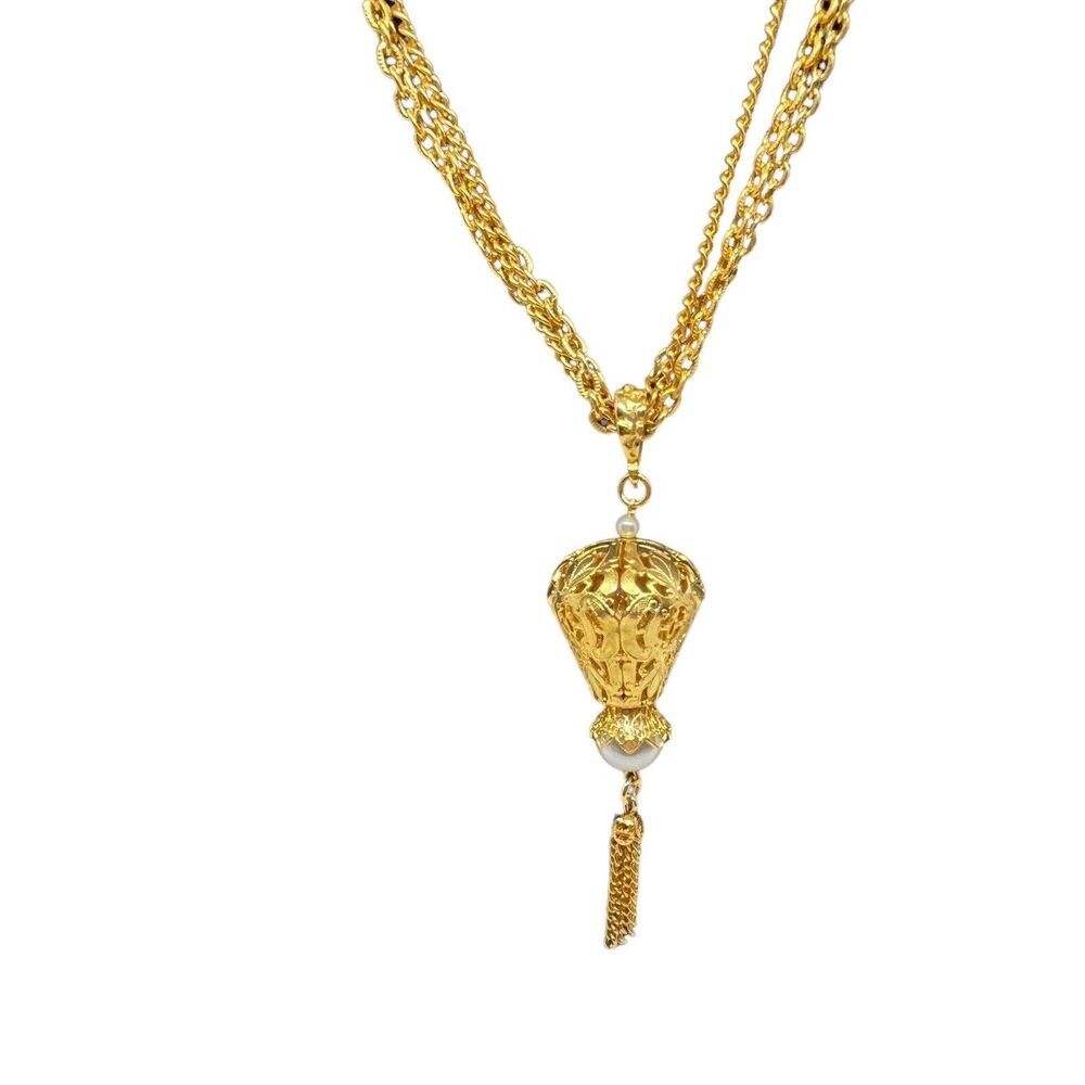Celebrity Necklace Hot Air Balloon Tassel Gold Tone Faux Pearl Signed Vintage
